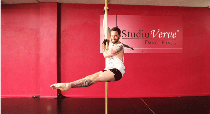 Brendan demonstrating a showgirl move on the pole